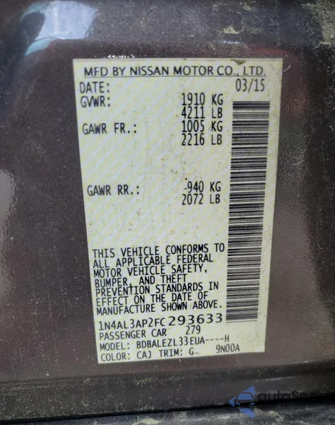 2015 Nissan Altima 2.5 z USA, uszkodzony, nr VIN 1N4AL3AP2FC293633